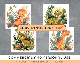 ¡Precioso clipart de dinosaurio bebé! Para uso comercial o personal. 4 archivos JPG de 2500 x 2500 px - 300 ppp. ¡Descarga instantánea! Perfecto para invitaciones a fiestas y manualidades.