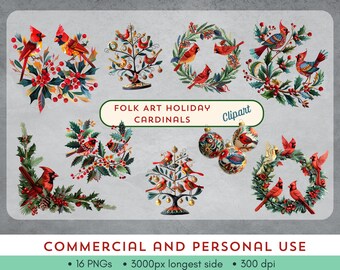 Paquete de imágenes prediseñadas de cardenales rojos: 16 PNG de arte popular para proyectos de invierno y vacaciones: uso comercial: descarga digital