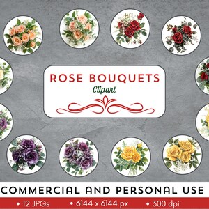 Imágenes prediseñadas de ramos de rosas: 12 archivos JPG, uso comercial y personal, flores del mes de nacimiento de junio, ideales para temas de bodas, descarga instantánea