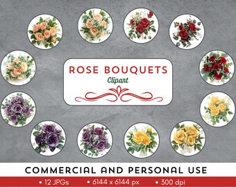 Imágenes prediseñadas de ramos de rosas: 12 archivos JPG, uso comercial y personal, flores del mes de nacimiento de junio, ideales para temas de bodas, descarga instantánea