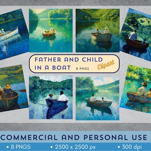 Herzlicher Vater & Kind Clipart Pack - 8 Malerische PNGs für Vatertags Designs - Idyllische Bootsszenen - Kommerzielle Nutzung - Sofort Download!