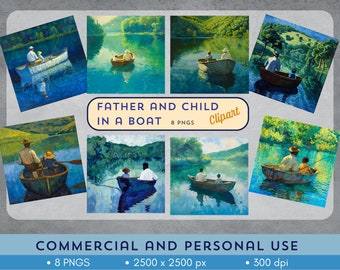 Paquete de imágenes prediseñadas de padre e hijo conmovedores: 8 PNG pictóricos para diseños del Día del Padre: escenas idílicas de barcos: uso comercial: descarga instantánea.
