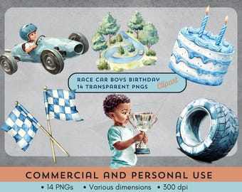 Paquete de imágenes prediseñadas de autos de carreras azules y blancos: 14 imágenes PNG para fiestas de cumpleaños de niños. Uso comercial y personal. ¡Descarga instantánea!