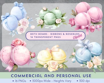 Conjunto de imágenes prediseñadas de bombas de baño: 16 imágenes PNG de bombas de baño en tonos pastel decoradas con cintas y capullos de rosa: descarga instantánea