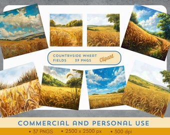 Paquete de imágenes prediseñadas de campos de trigo: 37 paisajes rurales idílicos con girasoles, PNG de alta calidad. ¡Descarga instantánea! Uso comercial.
