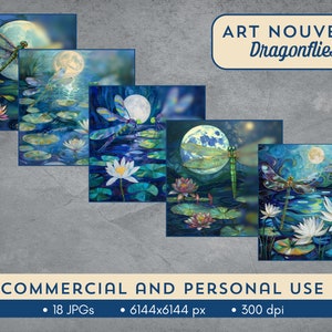 Libélulas caprichosas brincam em lagoas iluminadas pela lua com clipart de nenúfares. Estilo art nouveau. Uso comercial. Alguns arquivos excedem 25 MB - 18 JPGs.