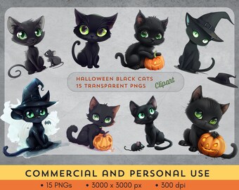 Paquete de imágenes prediseñadas de gato negro caprichoso: 15 PNG de Chibi, algunos con calabazas, ratones y sombreros de brujas para Halloween. Uso comercial. Digital instantáneo