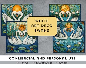 Clipart de Cisnes Blancos estilo Art Déco. Para uso comercial o personal. Contiene 4 PNGs - 5000x5000 px - 300 dpi. Imágenes encantadoras, místicas y mágicas.