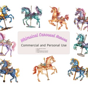 Clipart chevaux carrousel - aquarelles vintage colorées et fantaisistes - usage commercial et personnel - chevaux et licornes autoportants