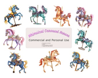 Carousel Horses clipart - colorful and whimsical vintage watercolor designs - commercial and personal use - freestanding horses and unicorns