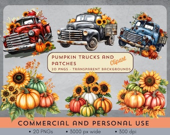 Camión de calabazas y huerto de calabazas, imágenes prediseñadas PNG: ¡también girasoles! 20 imágenes para diseños de otoño, Halloween y Acción de Gracias. Descarga digital.