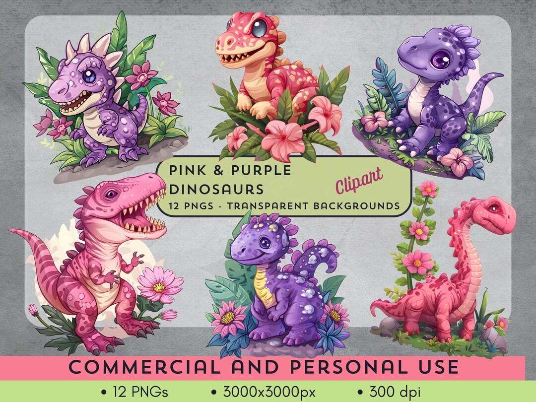 Whimsical Dinosaur Clipart Pack - 12 Cute Pink & Purple Dino PNG Images ...