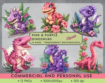 Paquete de imágenes prediseñadas de dinosaurios caprichosos: 12 lindas imágenes PNG de dinosaurios rosas y morados, ideales para invitaciones y decoración de fiestas - Descarga digital.