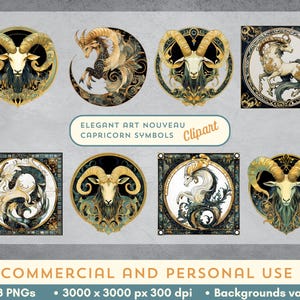 Art Nouveau-illustraties Steenbok | 8 gouden, zwarte, groene en blauwe dierenriem-png's | Mystieke hemelse astrologiekunst | Elegante vintage digitale kunst