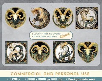 Imágenes prediseñadas de Capricornio estilo Art Nouveau / 8 imágenes PNG del zodíaco en dorado, negro, verde y azul / Arte astrológico celestial místico / Arte digital vintage elegante
