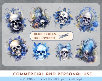 Paquete de imágenes prediseñadas de calaveras azules: 28 imágenes PNG para diseños góticos, de Halloween y del Día de los Muertos