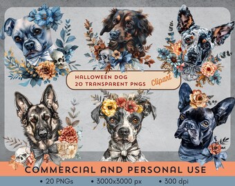 Pacote de clipart de cachorro assustador de Halloween - 20 PNGs inspirados no Dia de los Muertos e caveiras de açúcar - Uso comercial - Baixe agora!