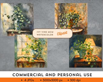Clipart de hiedra con estilo moderno de mediados de siglo y acuarela. Uso comercial o personal. 4 archivos JPG de 3000 x 3000 px - 300 ppp. ¡Descarga instantánea!
