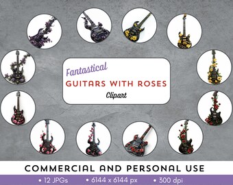 Fantásticas guitarras eléctricas negras adornadas con rosas - 12 imágenes JPG - uso comercial y personal - ¡añade un toque rockero y original a tus proyectos!