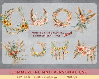 Paquete de imágenes prediseñadas florales de hierba de la pampa: 12 imágenes PNG de acuarela para manualidades bohemias, invitaciones, diseños de bodas: ¡descarga digital!