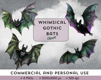 Flying bat clipart - whimsical gothic aesthetic - 4 PNGs with transparent backgrounds - Commercial or personal use. Cloud NOT included.