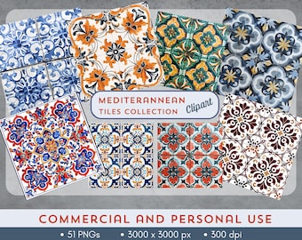 51 Azulejo Tile PNG Clipart Pack - Patrones mediterráneos para proyectos creativos - Descarga instantánea - Uso comercial
