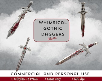Clipart de daga - estética gótica caprichosa - 4 imágenes - 6 PNG con fondo transparente - Uso comercial y personal. Nube NO incluida.