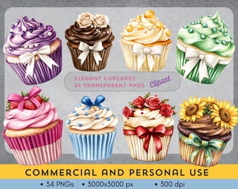 Paquete de imágenes prediseñadas de cupcakes elegantes: 34 cupcakes PNG de acuarela. Decorados con gemas, flores y fresas. Fondo transparente.