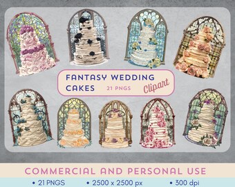 Paquete de imágenes prediseñadas de pastel de bodas de fantasía: 21 imágenes PNG suaves y soñadoras con rosas y vidrieras: uso comercial: descarga digital
