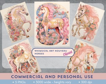 Imágenes prediseñadas de caballo rosa estilo Art Nouveau - 5 imágenes PNG mágicas para diseños de cuentos de hadas y fantasía - Fondos intactos - Descarga instantánea