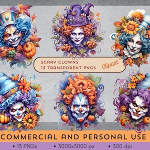 Aterroriza tus diseños con el paquete de imágenes prediseñadas de payasos espeluznantes: 13 imágenes PNG escalofriantes para Halloween - Descarga instantánea