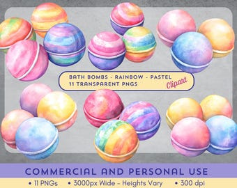 Paquete de imágenes prediseñadas de bombas de baño arcoíris y pastel: 11 imágenes PNG. Uso comercial y personal. Descárgalo hoy.