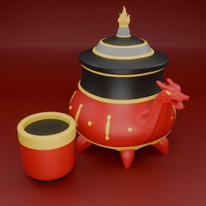 May include: A red and black decorative incense burner with a matching cup. The burner has a dragon head on the side and a flame-shaped finial. The cup and burner have yellow accents.