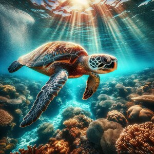May include: A green sea turtle swims through a vibrant coral reef. The turtle is in focus, with the coral reef and blue water in the background.