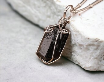 925 Sterling Silver Necklace, Black Tourmaline Wire Wrap Pendant Necklace, Raw Gemstone Crystal Necklace, Raw Tourmaline Gift for Her