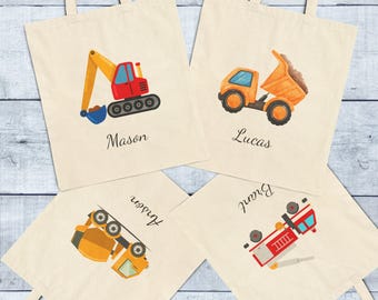Bolsa de lona personalizada para niños, bolsa de libros personalizada, bolsa de biblioteca, regalo de Navidad para niños, regalo para niños, regalos de cumpleaños, excavadora, camión de bomberos