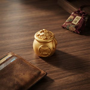 Puede incluir: Un pequeño recipiente redondo de metal dorado lleno de monedas circulares apiladas, con un gran emblema de moneda en el lateral. Cerca hay una bolsa de tela roja oscura con una borla y los caracteres chinos de la buena suerte.
