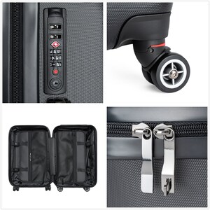 May include: A black suitcase with a combination lock, a zipper, and wheels. The lock has a red button and the numbers 10-1-1 are visible. The suitcase is open to show the interior lining.