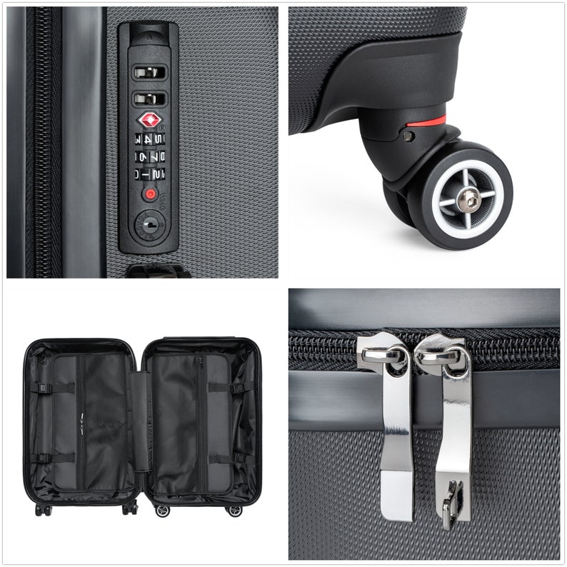 May include: A black suitcase with a combination lock, a zipper, and wheels. The lock has a red button and the numbers 10-1-1 are visible. The suitcase is open to show the interior lining.