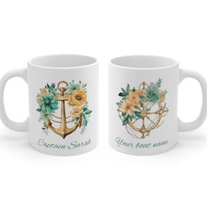 Floral Anchor Rudder Coffee Mug For Women Captain: Personalized Boat Captain Name Boating Gift