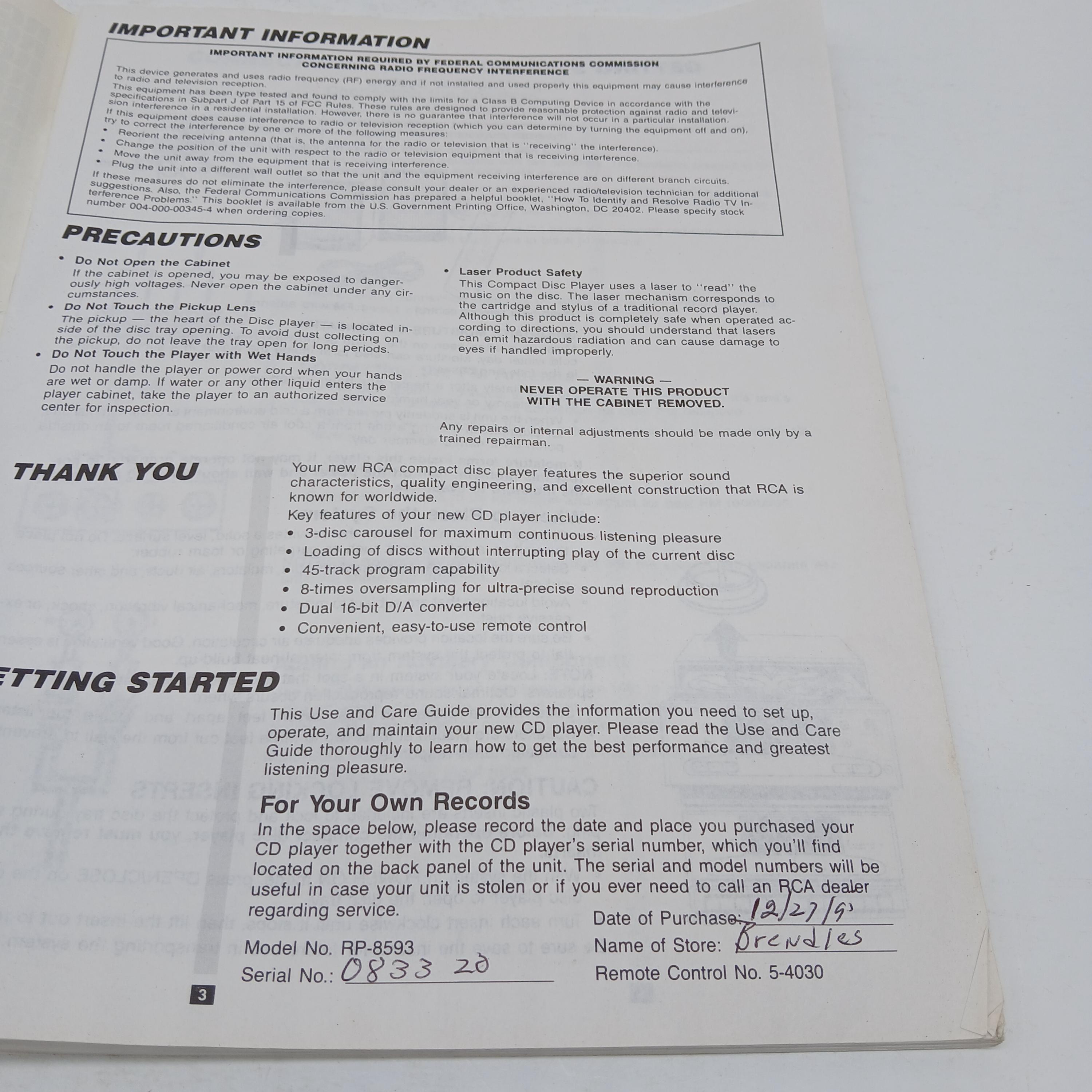 Rca Rp 8593 RCA High Fidelity Stereo System Manual Model RP 8593 - Etsy