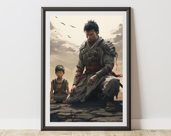 Warrior's Bond Samurai Poster Protective Father Son Art Print Post Apocalyptic Wall Decor Dramatic Digital Painting Cinematic Dark Fantasy