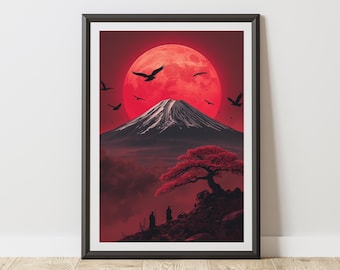 Poster Crimson Moon Mount Fuji Japanese Landscape Samurai Silhouette Art Print East Asian Decor Dramatic Dark Aesthetic Fantasy Wall Art