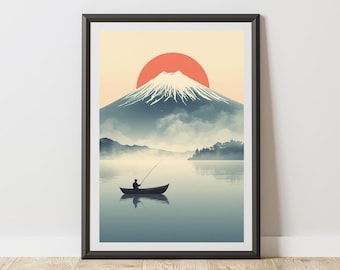Mount Fuji Poster Ukiyo-e Inspired Minimalist Japanese Landscape Art Serene Lake Fisherman Tranquil Wall Decor, Wrapped, Illustration