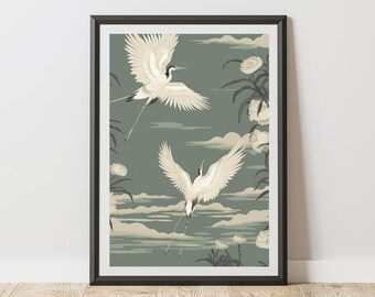 Crane Art Print Asian Inspired Chinoiserie Wall Decor with Flying Cranes and White Peonies, Serene Sage Green Nature Poster, Elegant Home