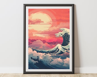 Japanese Wave Art Print, Ukiyo-e Inspired Sunset Seascape Poster