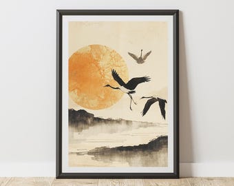 Japanese Art Poster Sumi-e Cranes Minimalist Landscape Vintage Style Zen Wall Decor Tranquil Bird Art Print Home Decor, Wrapped, Ink