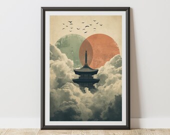 Japanese Pagoda Print Zen Harmony Vintage Asian Wall Art Serene Landscape Cloud Temple Minimalist Japanese Decor Tranquil Meditative Home