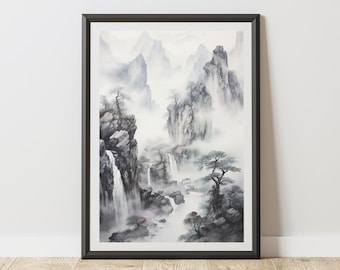 East Asian Misty Mountain Waterfall Art Print – Sumi-e Style Serene Nature Wall Decor