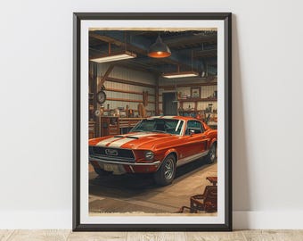 Vintage Mustang Garage Art, Photorealistic Orange Muscle Car Print